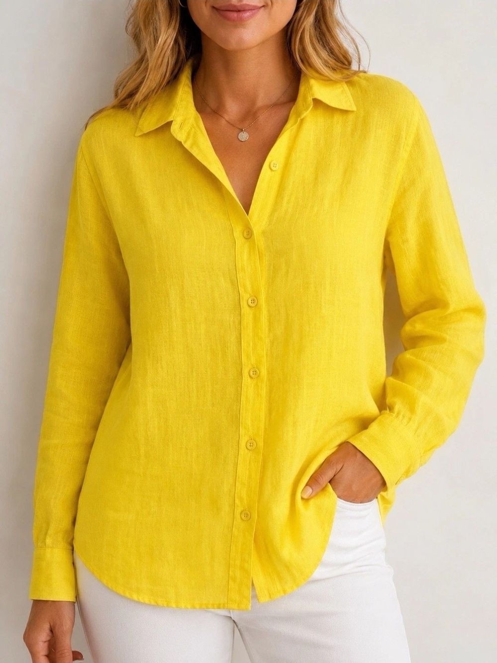 Activair Women’s Size 12 Yellow 100% Linen Button Front Blouse Long Sleeve